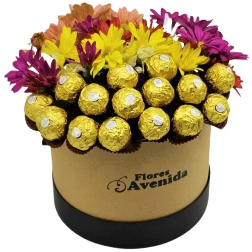 Caja pote con flores margaritas y chocolates rocher